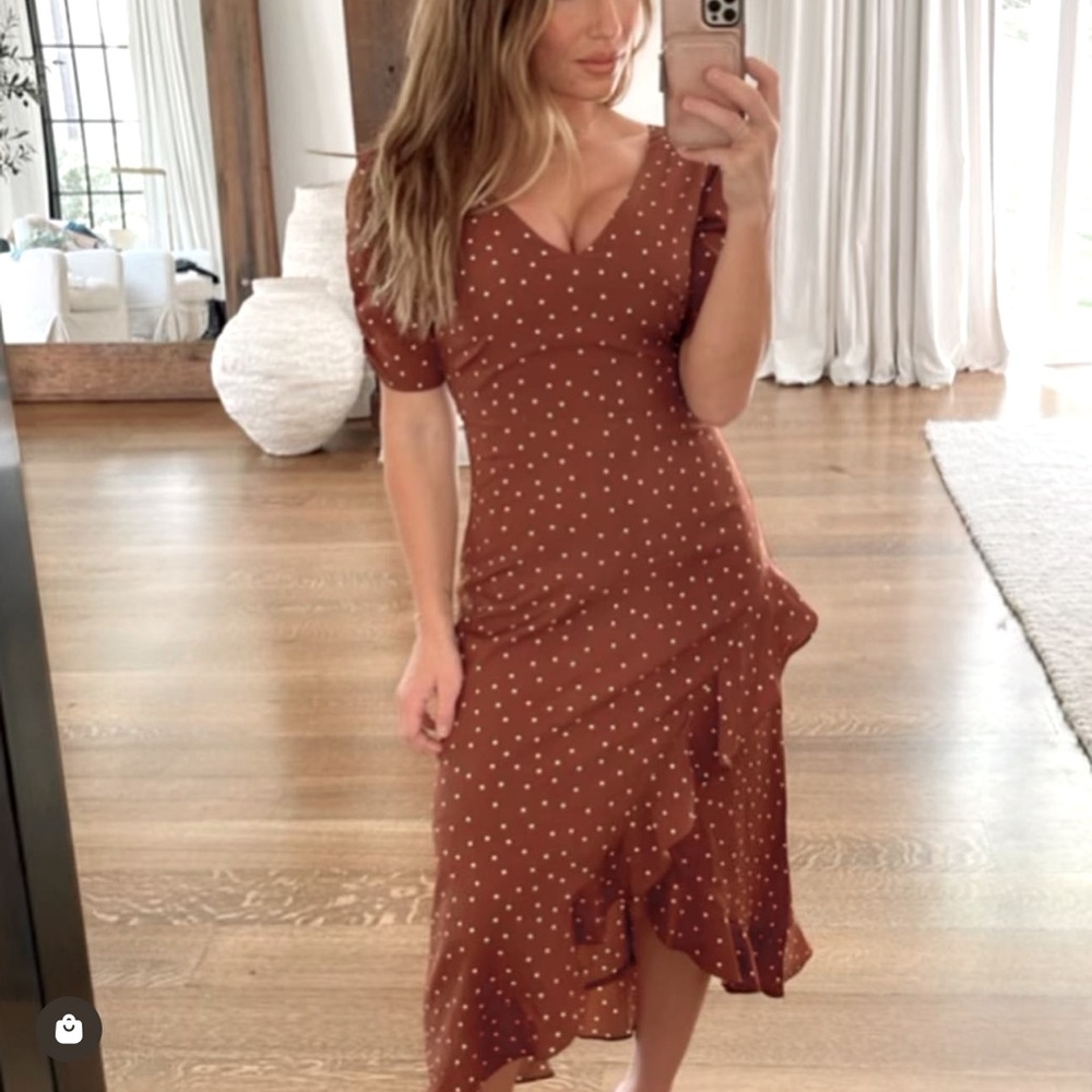 Kittenish Rust Brown Polka Dot Ruffle Midi Dress